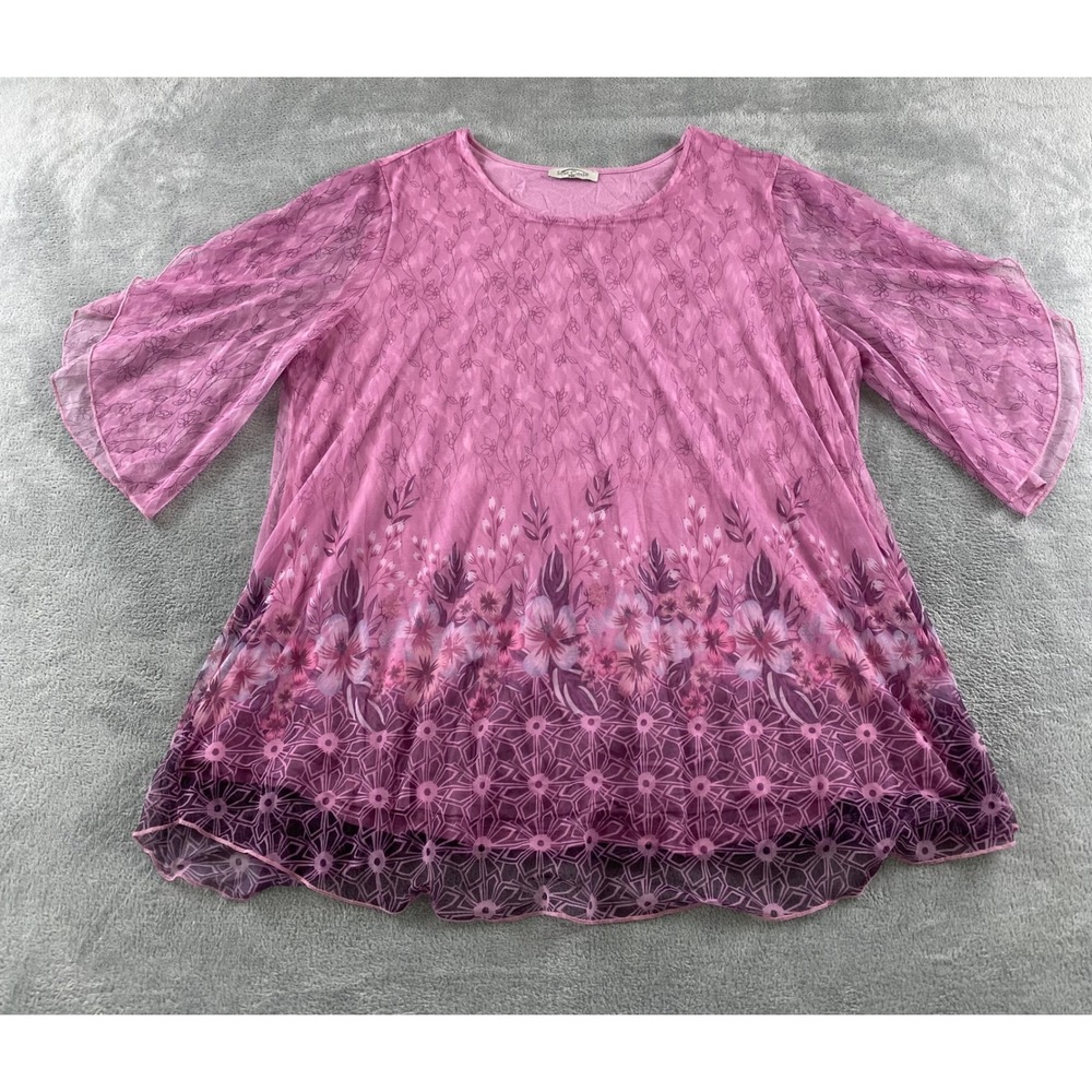 Sese Code Pink Floral Layered Mesh Blouse 3XL Flutter Sleeve Scoop Neck Top